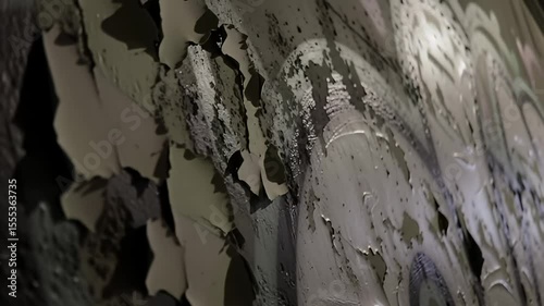 Peeling wall paint reveals layers of texture and depth in shades of gray