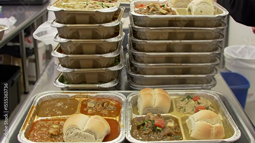 Prepared meals stacked in foil trays on a metal table