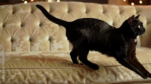 Black cat poised on a tufted beige couch, tail raised, bokeh lights background