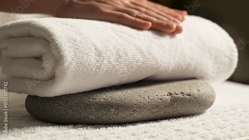 Hand presses a folded white towel atop a grey stone, on a textured surface