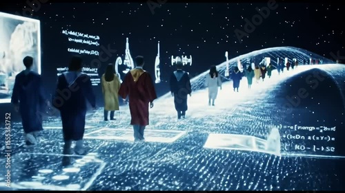 Figures in robes walk a glowing path under a starry sky, tech structures
