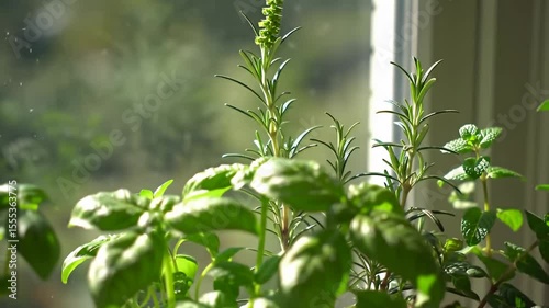 Herbs, mainly basil, sit in sunlit window, greenery blurred in the background