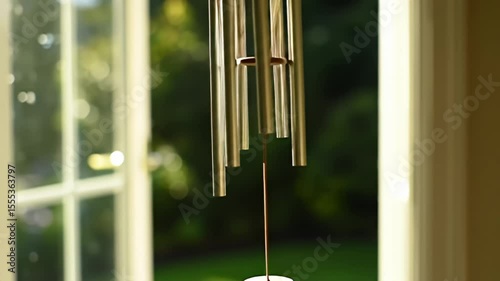 Metal wind chimes hanging by a window with blurred green background