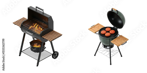 BBQ Smoker with Grilling Meat and Sausages on Wood. Hyper-realistic Illustration, Smoky Warm Tones, Outdoor Cooking, Summer Food, Restaurant Menu, Food Blog
