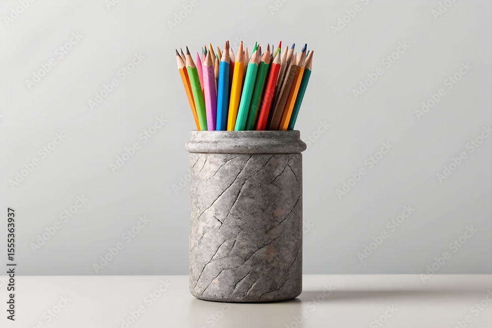 Obraz premium Colored pencils in a stone jar isolated on white background