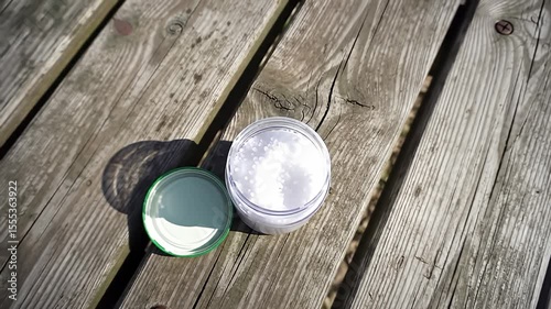 Plastic jar full of white beads sits atop aged wooden planks in sunlight