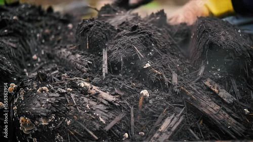 Dark decaying wood and fungal growth, detail shot