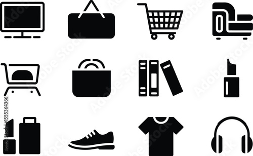 Black Shopping Icons Set Computer Bag Cart Books Shoes