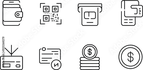 Digital Wallet Payment Methods Icons Set Black Line Art