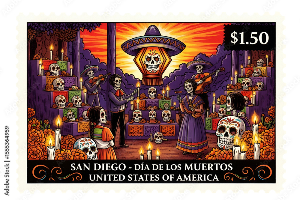 Obraz premium Transparent PNG stamp featuring a vibrant Día de los Muertos celebration in San Diego, with sugar skulls, marigolds, candles, and skeletons. A colorful mix of Mexican tradition and Halloween spirit. 