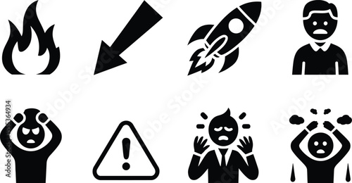 Black Glyph Icons Set Stress Failure Rocket Fire vector