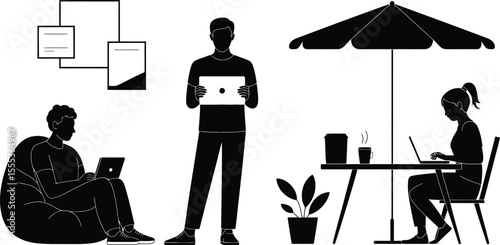 Black Silhouettes People Working Outdoors Tablet Laptop Beanbag Chair