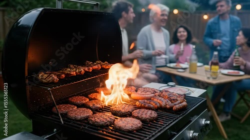 Friends gather for barbecue party in backyard with sizzling meats and joyful laughter at sunset
