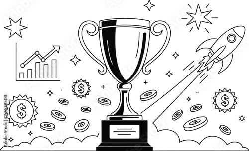 Black and White Line Art Trophy Success Startup Coins