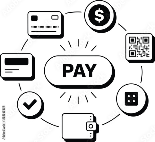 Black and White Payment Methods Illustration Credit Card Q R Code Wallet