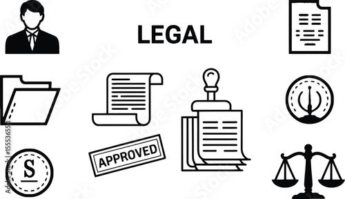 Legal Icons Set Black White Documents Lawyer Justice