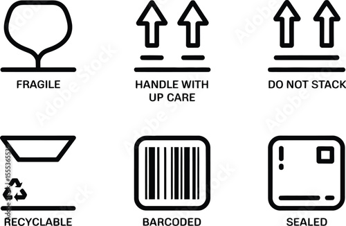 Black and White Packaging Symbols Fragile Handle With Up Care Do Not Stack Recyclable Barcoded