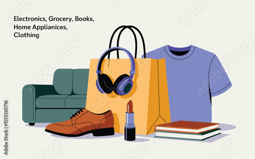 Brown Shoe Purple Shirt Headphones Books Lipstick Shopping Bag Sofa