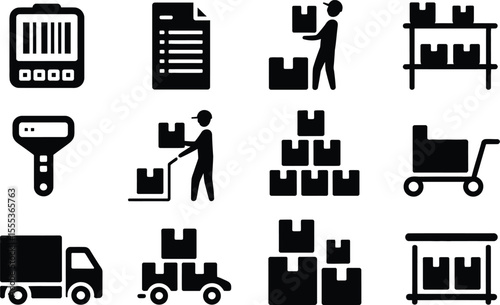 Black and White Logistics Icons Delivery Warehouse Inventory