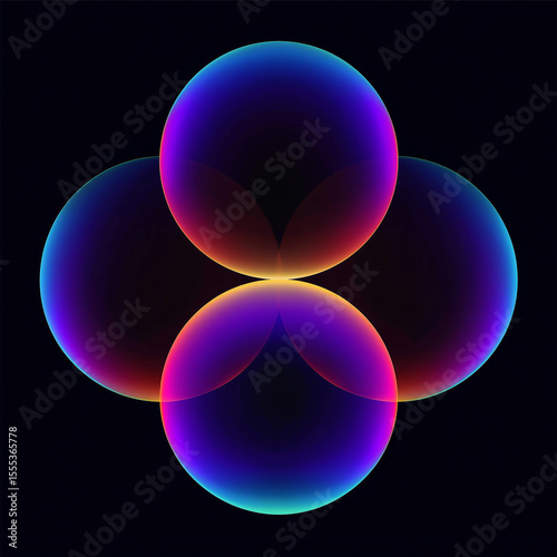 Colorful intersecting spheres creating vibrant light effects on dark background