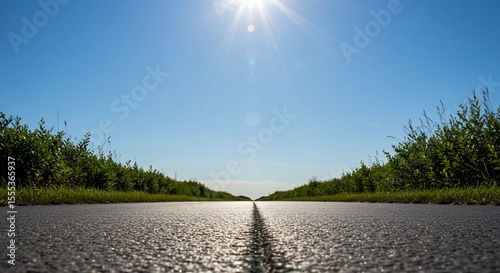 Sunlit Empty Road with Green Hedges and Bright Blue Sky