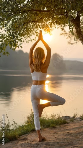 A serene moment of a woman practicing yoga at sunrise by the water, embodying peace and harmony with nature.