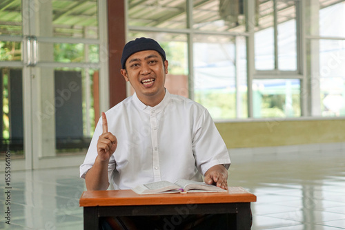 Photography Asian moslem man smile at mosque show faith believe to god