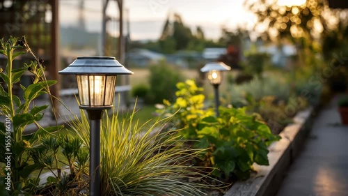 A tranquil garden scene featuring solar lights illuminating lush greenery at sunset, creating a serene outdoor atmosphere.