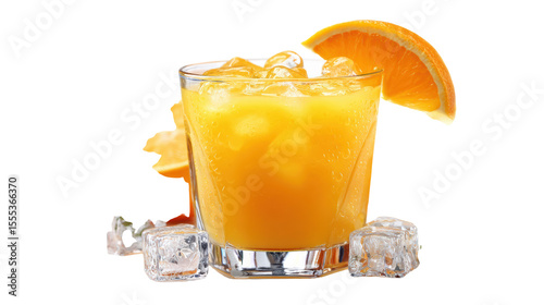 Fresh orange drink with ice cubes in a glass, garnished with an orange slice, white isolated background.