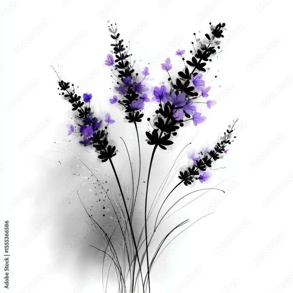 Naklejka premium Purple Flowers with Dark Stems on White Background