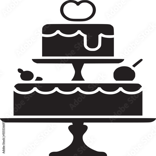 Isolated black silhouette of a two tiered cake with decorations on a stand in a vector graphic