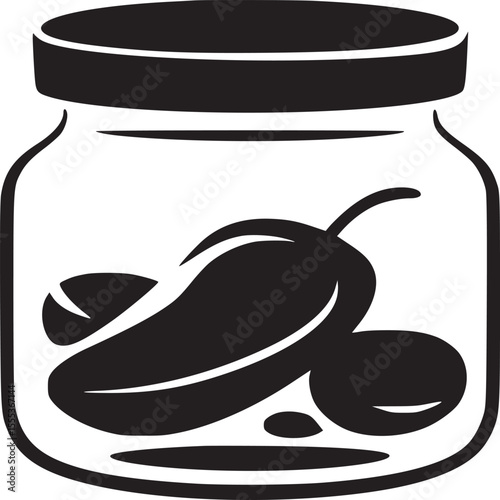 A black and white graphic illustration of a jar filled with pickled peppers and other small items
