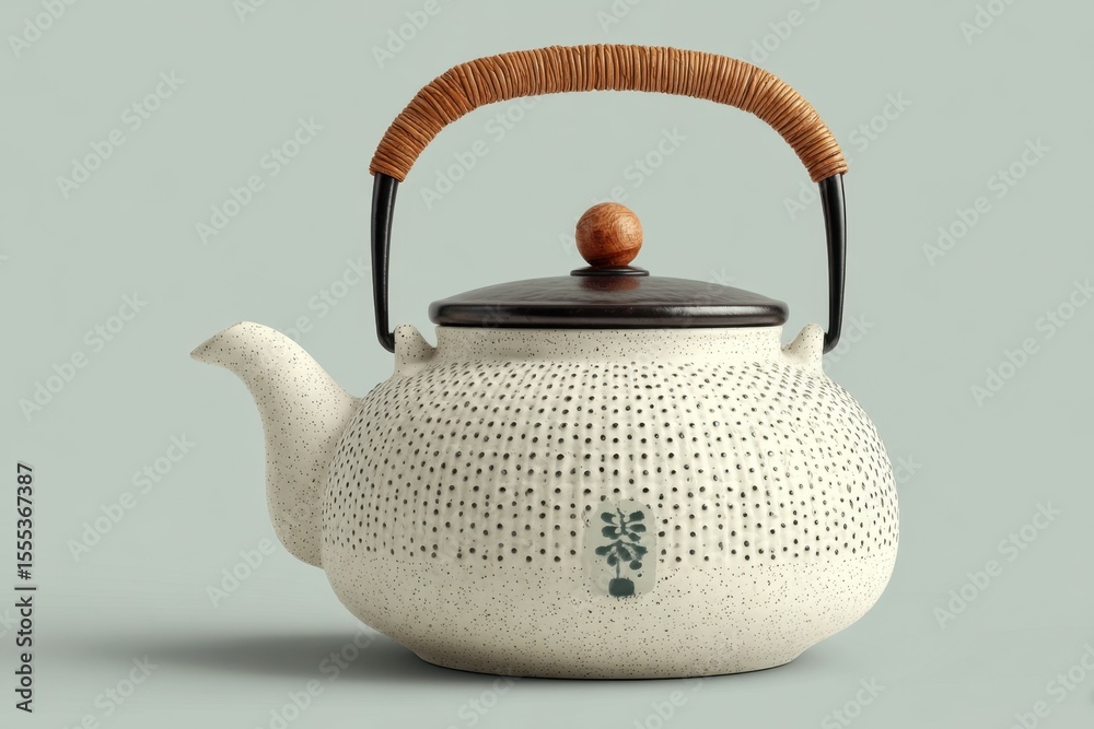White Ceramic Teapot With Black Dot Pattern And Wooden Handle White Ceramic Teapot With Black Dot Pattern And Wooden Handle