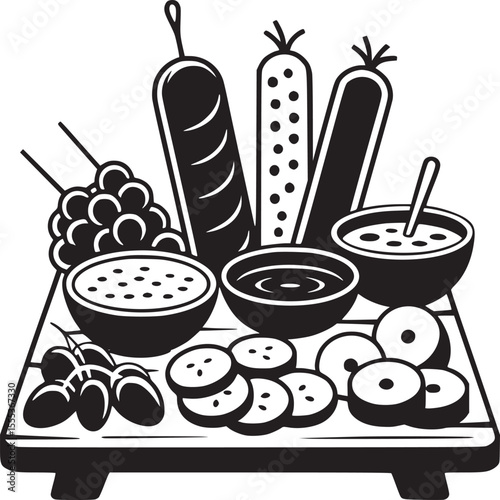 Black and white illustration of a wooden tray with food including grapes and sliced cucumbers