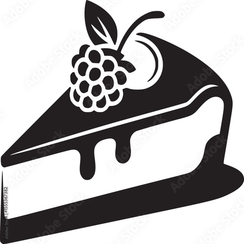 A black and white graphic illustration of a slice of cake with fruit topping and dripping glaze design