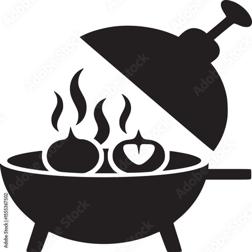 A black and white graphic of a grill with food and smoke coming from it with the lid partially open