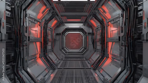Futuristic sci-fi corridor with red lighting, perfect for space exploration themed video projects