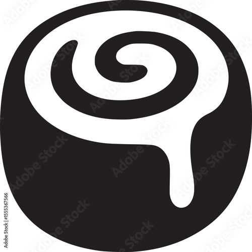 A minimalistic black and white illustration of a cinnamon roll with dripping icing design element