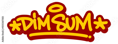 Vector graffiti tag illustration of the words "dim sum" in bold yellow with red line accents. Hand-drawn street art style on transparent background. Playful, cultural, food-inspired urban lettering.
