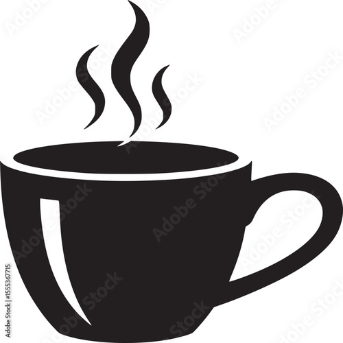 A simple black and white illustration of a coffee cup with steam rising from the hot beverage inside