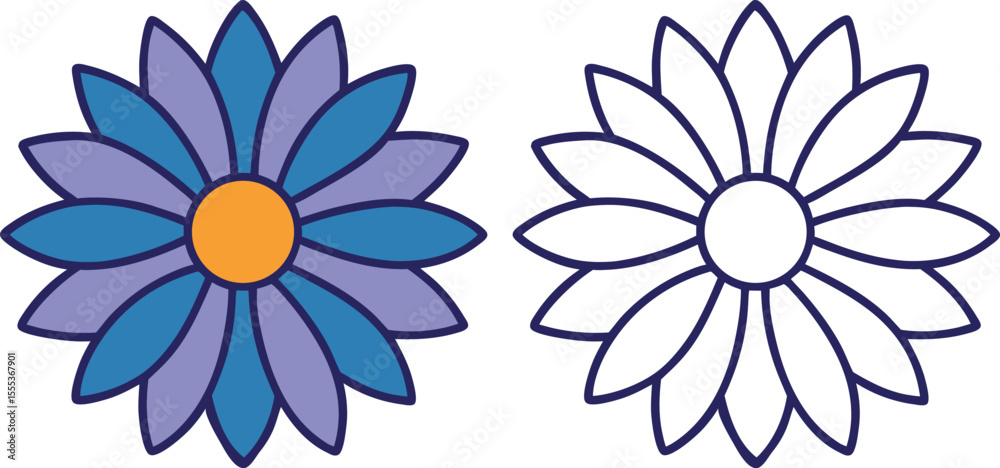 Fototapeta premium Two stylized daisy flowers one colored and one outlined on a white background vector illustration
