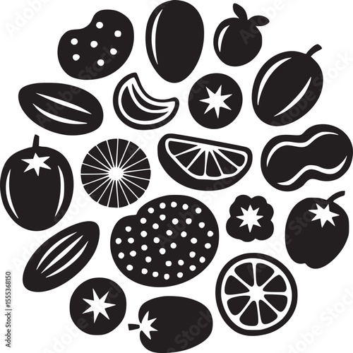 Assorted fruits and vegetables arranged in a circular pattern in black and white vector illustration