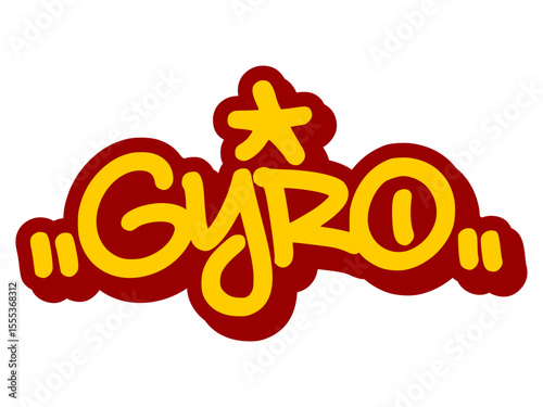 Vector graffiti tag illustration of the word "gyro" in bold yellow with red line accents. Hand-drawn street art lettering on transparent background. Bold, flavorful, and food-inspired urban expression