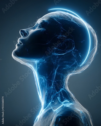 Medical X-ray image showing the anatomy of the human skull, brain, and spine for health and science illustration