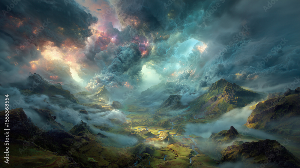 Fototapeta premium Celestial Rift Opening Above a Mythical Valley