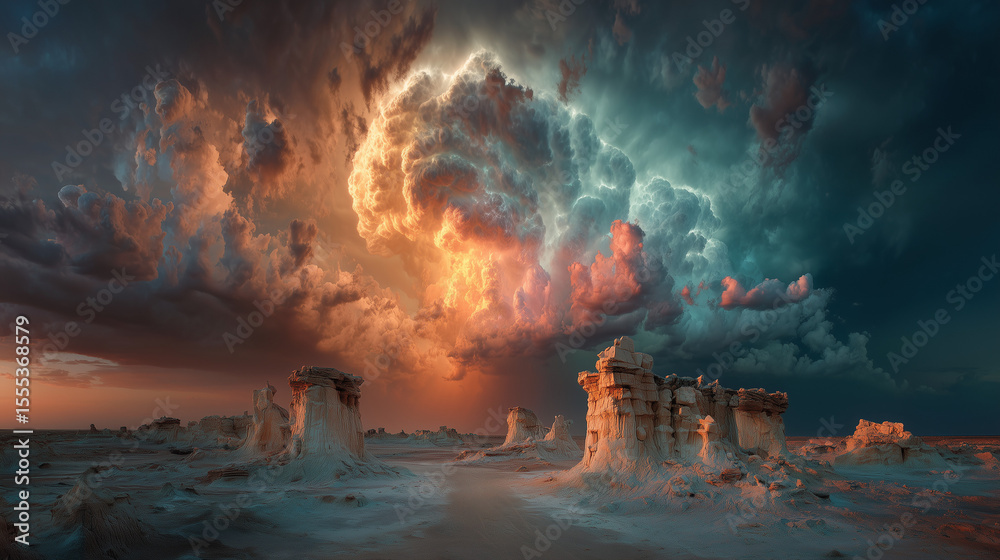 Fototapeta premium Monolithic Storm Cloud Over a Surreal Alien Badlands