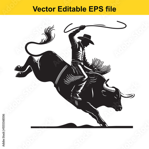 Dynamic Rodeo Scene: A Cowboy Rides a Bucking Bull in a Black and White Illustration