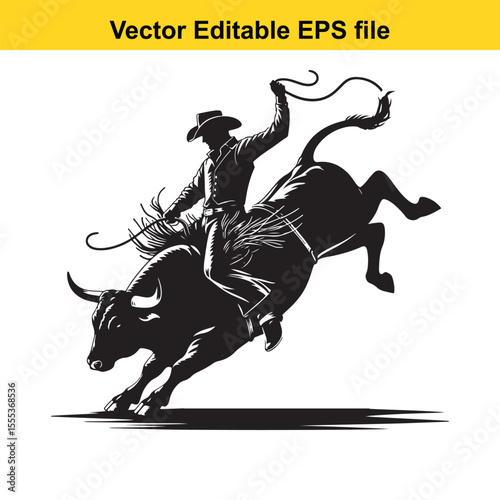 Dynamic Rodeo Scene: A Cowboy Rides a Bucking Bull in a Black and White Illustration