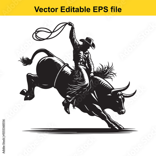 Dynamic Rodeo Scene: A Cowboy Rides a Bucking Bull in a Black and White Illustration