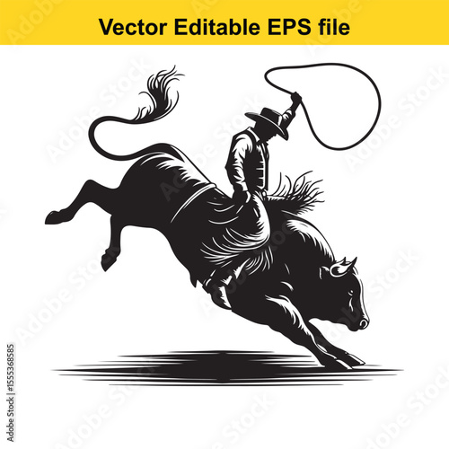 Dynamic Rodeo Scene: A Cowboy Rides a Bucking Bull in a Black and White Illustration